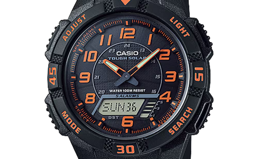 Travel-friendly dual-time watch with sleek black resin design